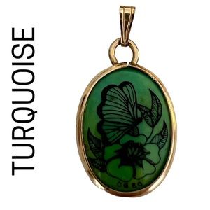 VINTAGE CHARM Turquoise Scribed Butterfly Floral Black inked Gold Bezel pendant